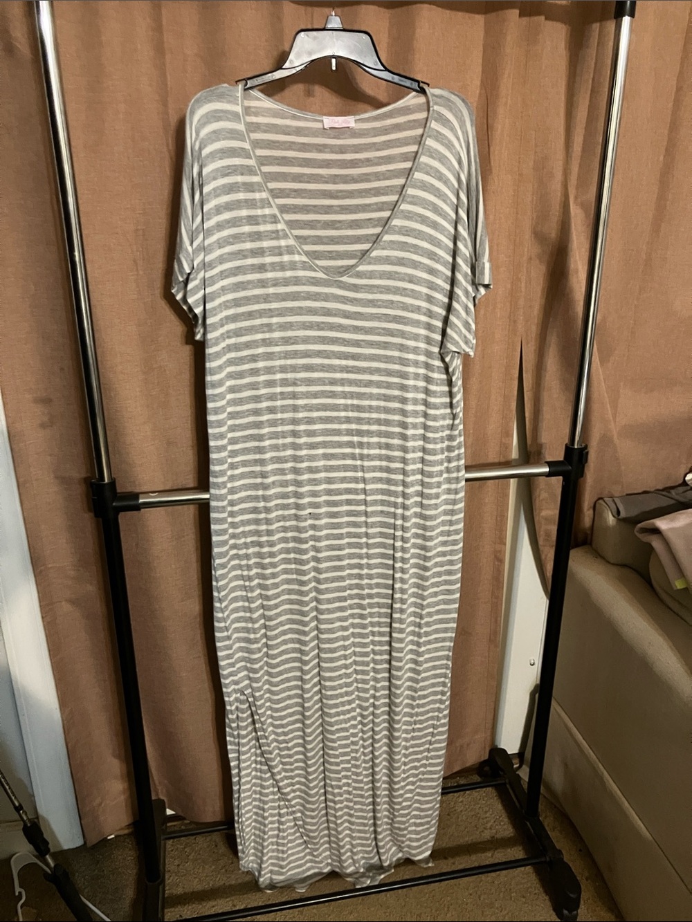 Pink Lily Gray & White Striped V-Neck Maxi Dress